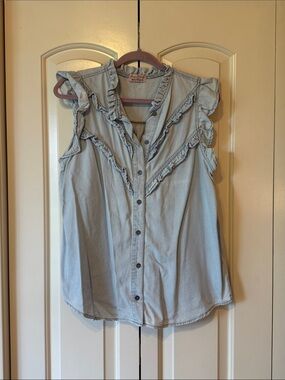 Sleeveless Light Blue Ruffle Button-Down Top